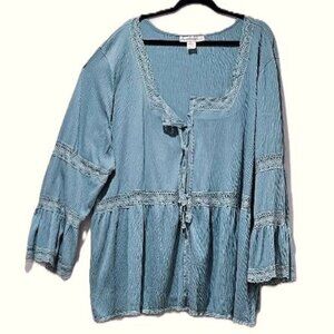 DEMIN24/7 PASTEL TEAL GREEN BOHO LACE LONG SLEEVE PEASANT TOP BLOUSE  6X